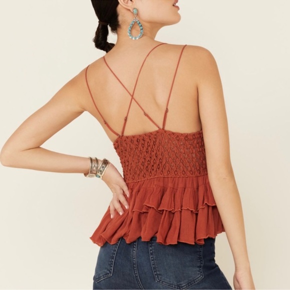 Free People ADELLA Winding Roads Rust Color Ruffle & Lace Camisole - Picture 2 of 11